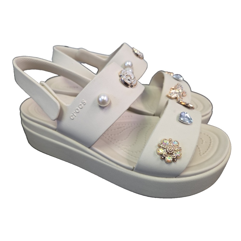 Crocs Mega Crush Sandal Womens 8 Ivory Jewels Gold Pearls Bling